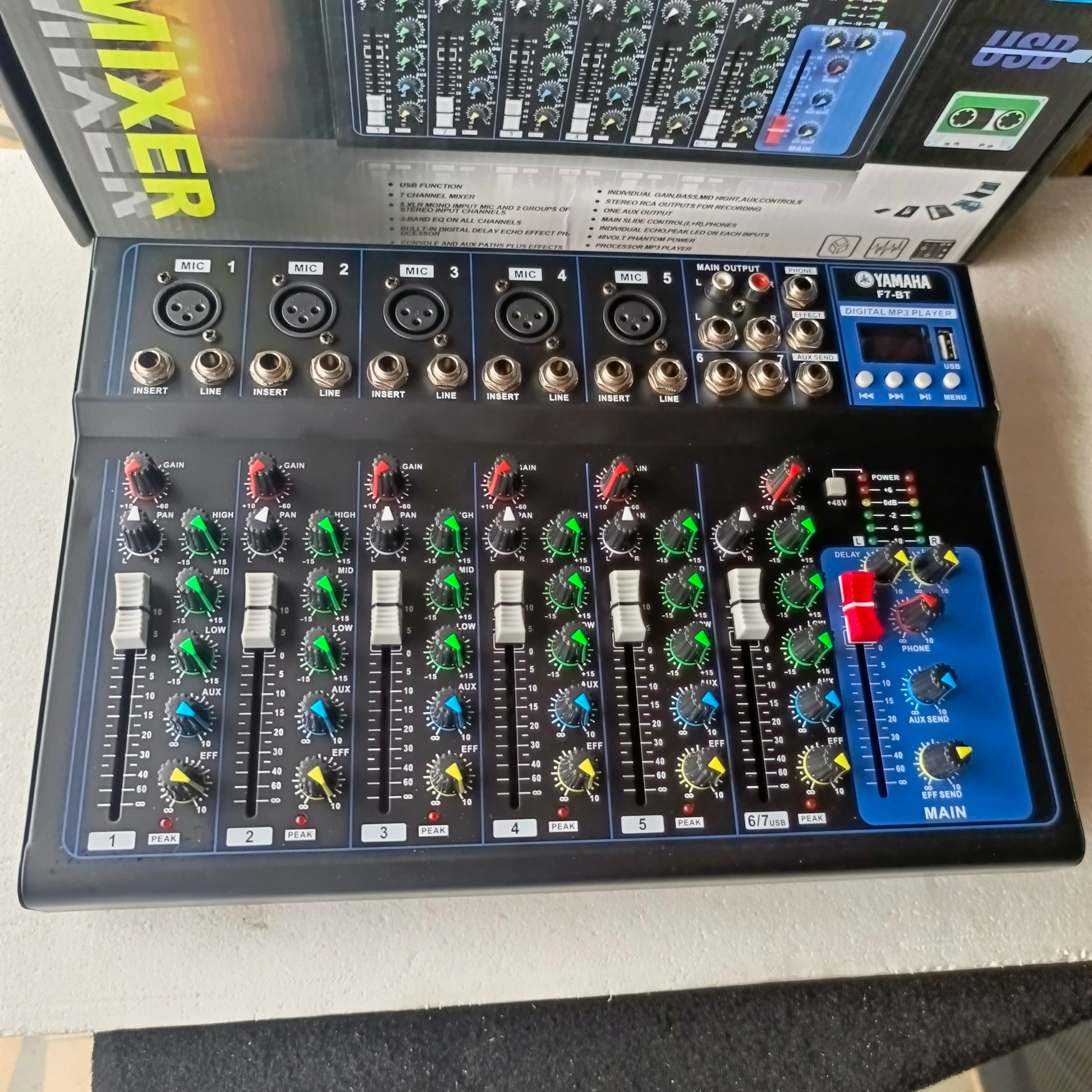 Professional F7 7-Channel Compact Stereo Live Mixer with USB, Bluetooth and 3-Band EQ - Brand New